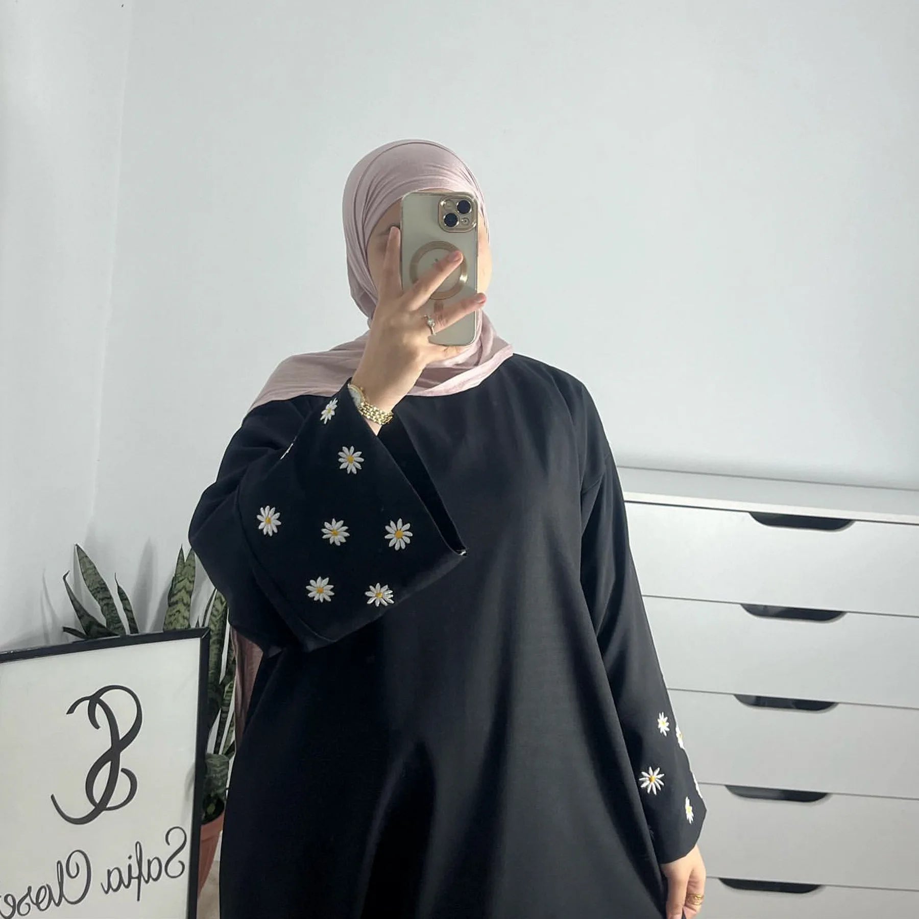Celestial Blossom Abaya - Luxury Daisy Embroidered Modest Dress for Women