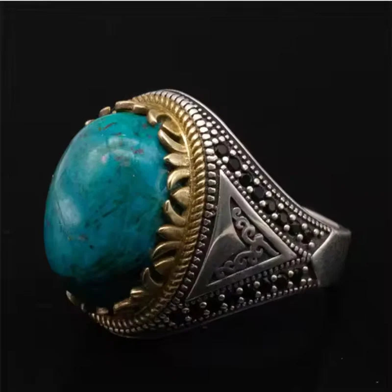 Mens Vintage Turkish Ring – 925 Sterling Silver with Natural Black Agate
