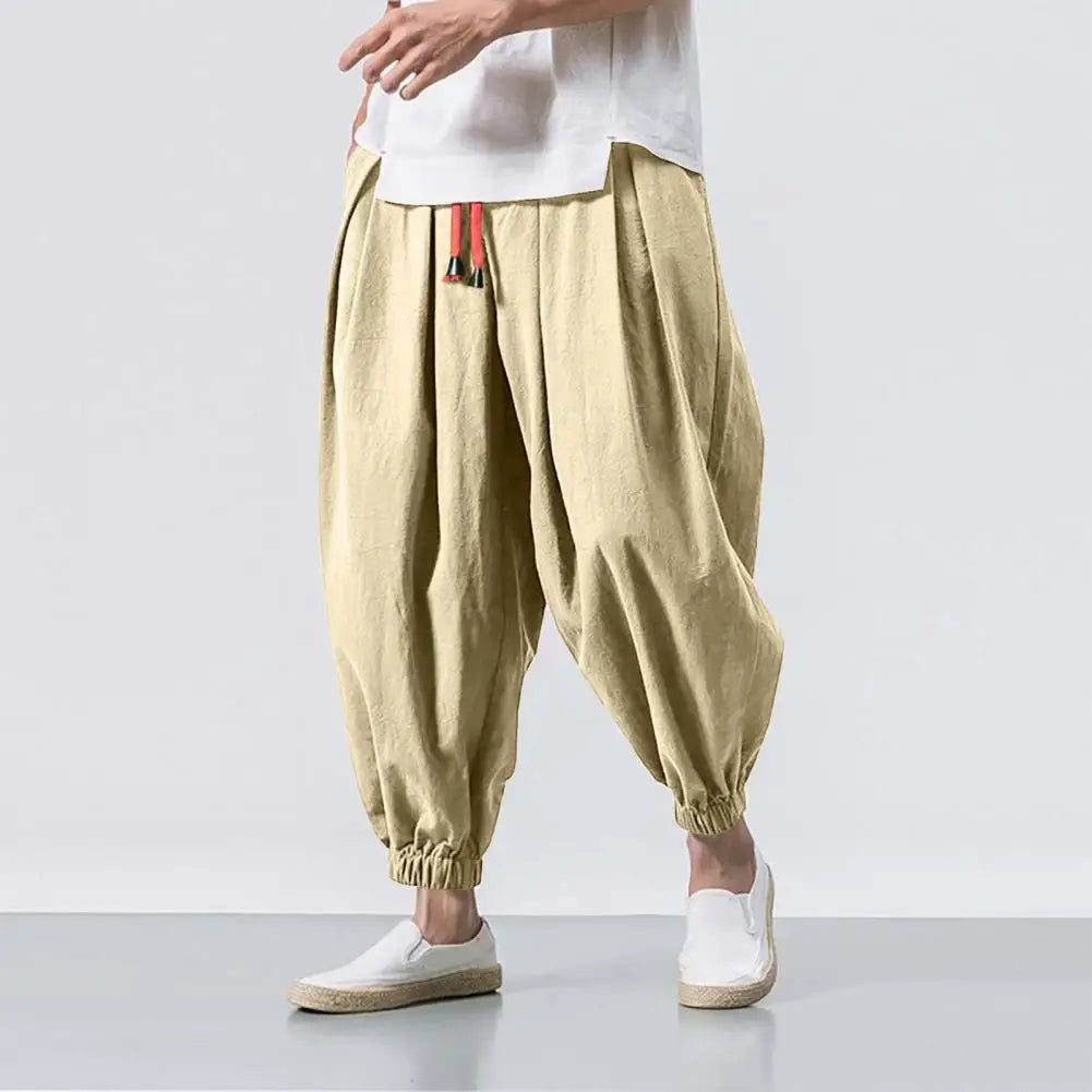 Breathable Cotton-Linen Jogger Pants for Men – Stylish Harem Leg Design with Elastic Waist