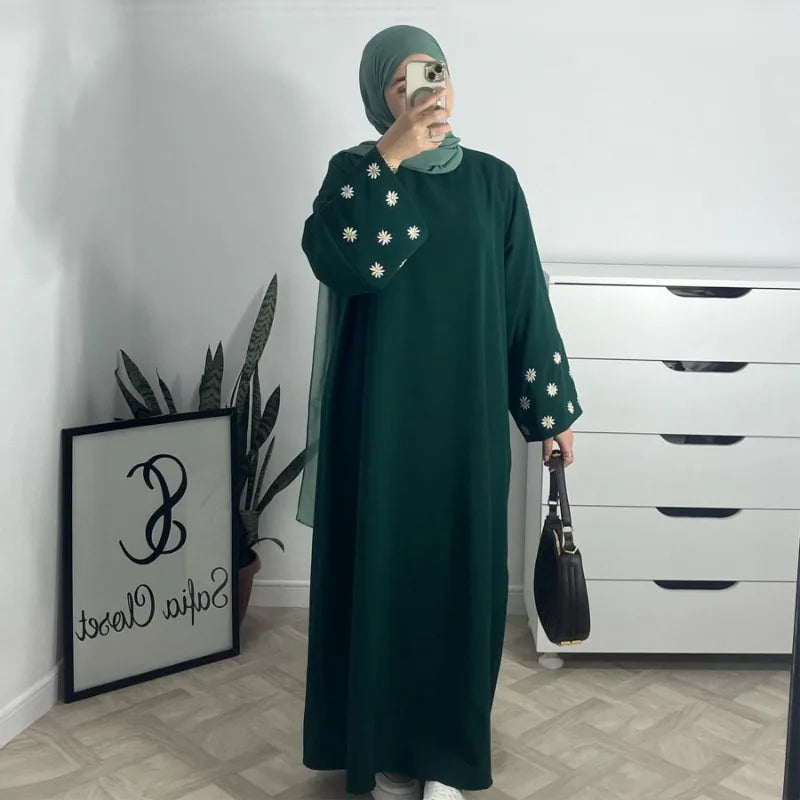 Celestial Blossom Abaya - Luxury Daisy Embroidered Modest Dress for Women