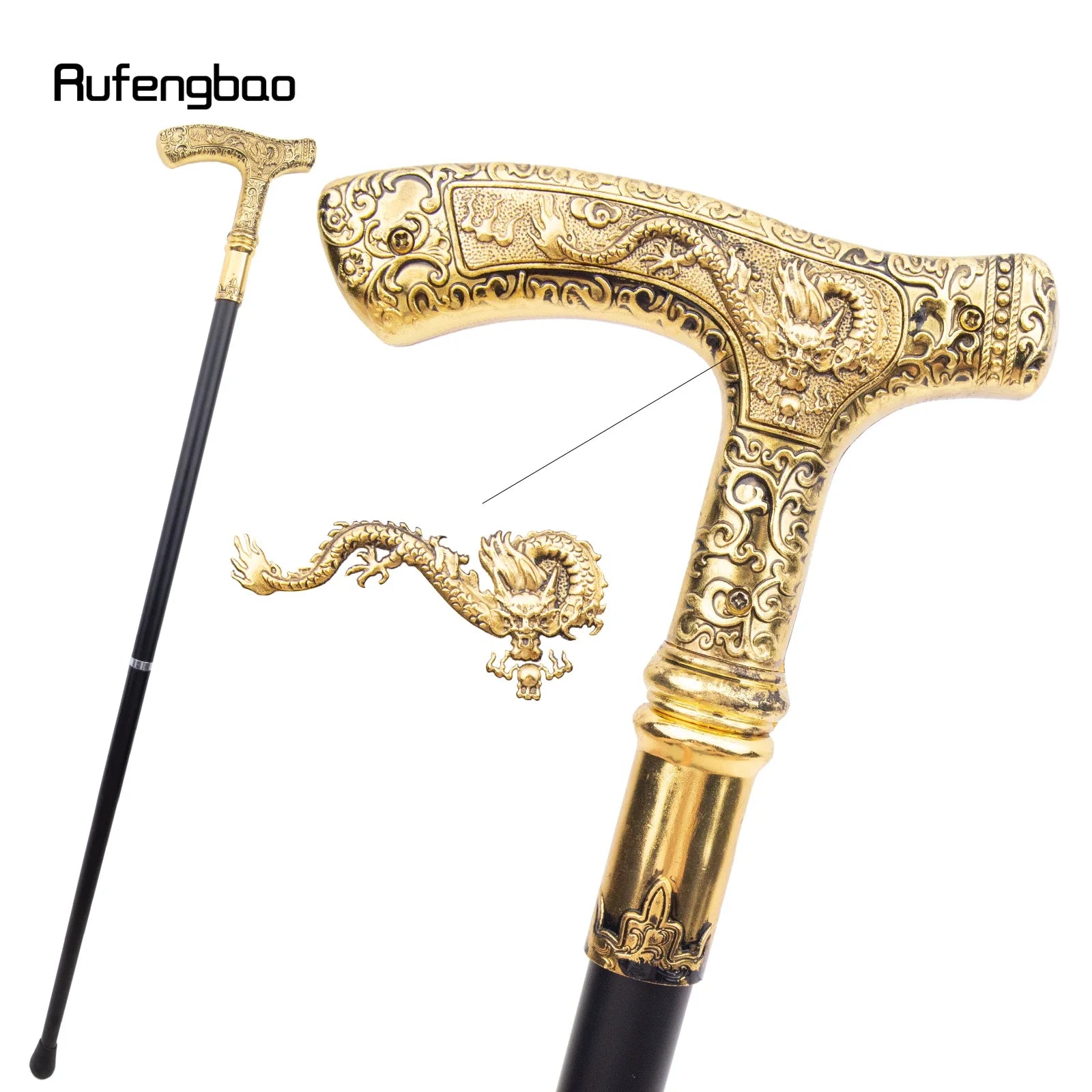 Golden Dragon Decorative Walking Stick – 89cm Steel Shaft with Luxury Patterned Knob