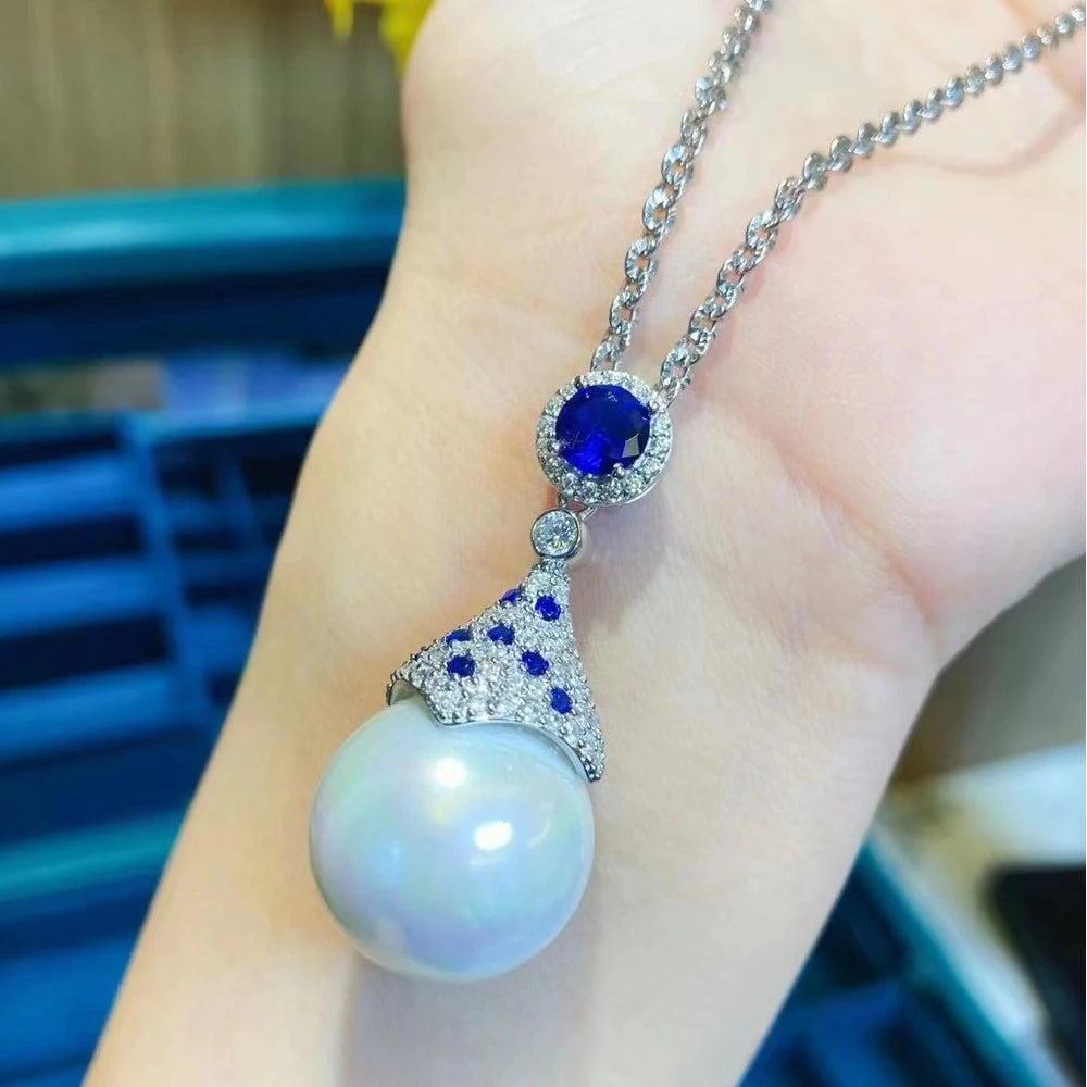 925 Sterling Silver Jewelry Set – 15MM South Sea Pearl with Created Sapphire Earrings, Pendant & Necklace