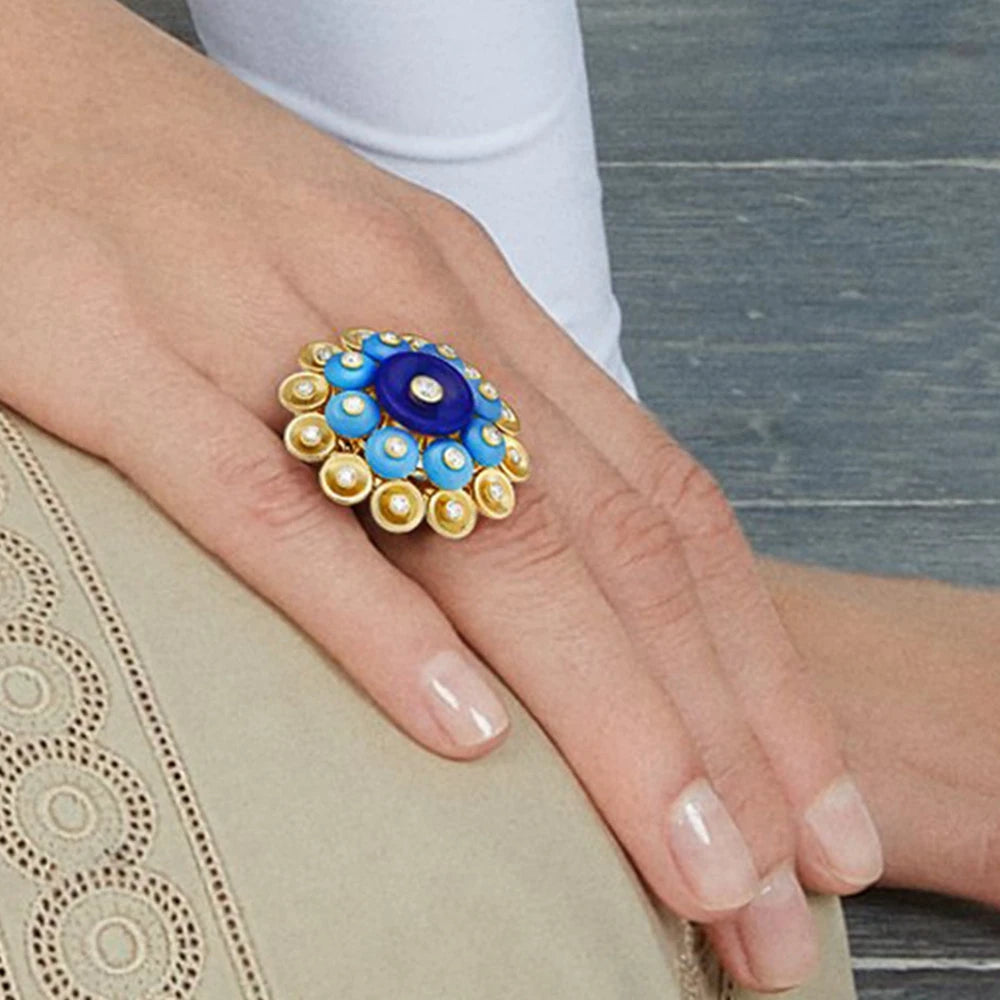 Vintage 925 Silver Ring with Blue Turquoise & Lapis Lazuli – Gold-Plated Foil Beads Luxury Jewelry for Women