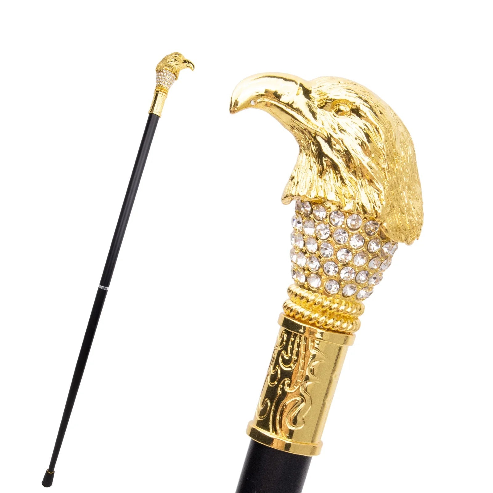 Decorative walking cane with gold eagle head and crystal embellishments on a white background
