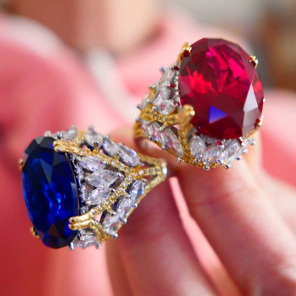 Royal Sapphire & Ruby Oval Cut Ring – 19 Carat Created Gemstone in Sterling Setting