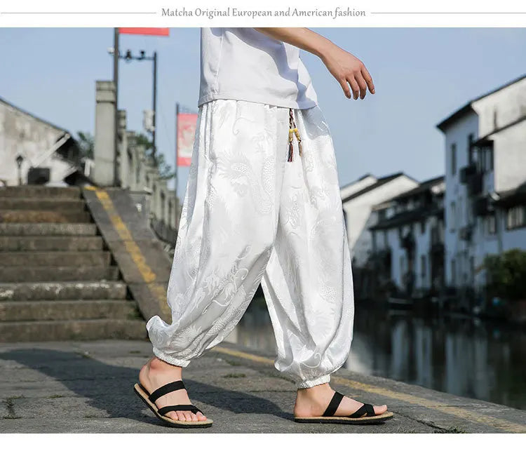 Men’s Ice Silk Wide-Leg Pants - Dragon Design with Drawstring Waist Breathable Modest Trousers