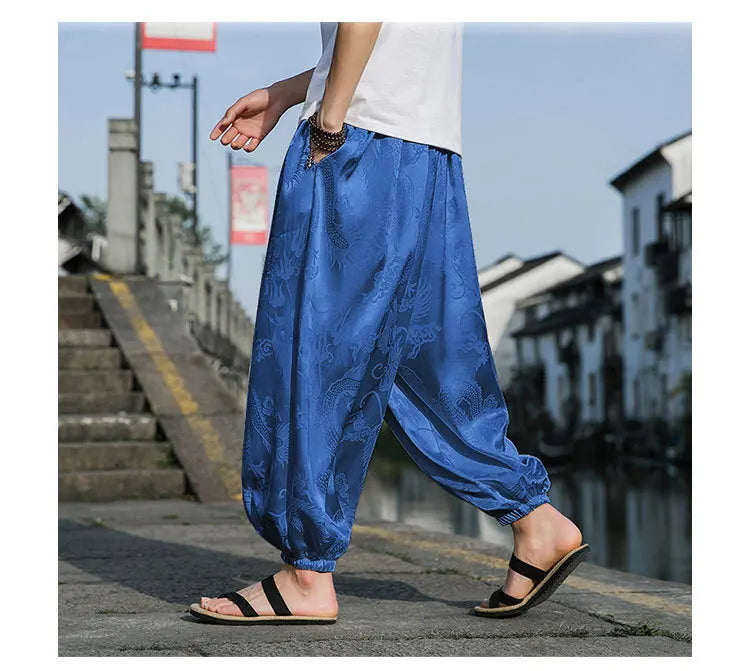 Men’s Ice Silk Wide-Leg Pants - Dragon Design with Drawstring Waist Breathable Modest Trousers
