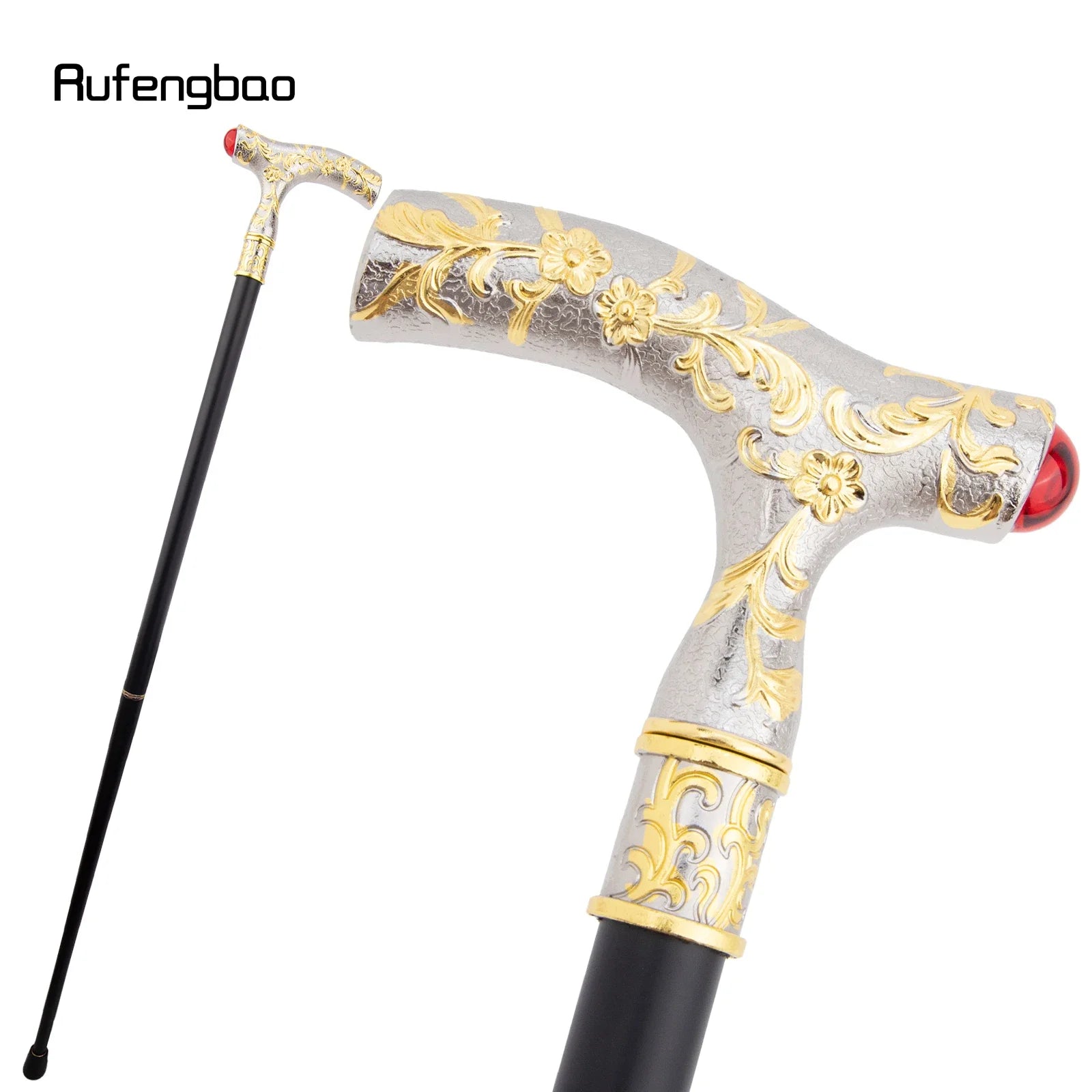 Luxury Crosier Walking Stick – Red Gem Flower Ball Handle, Golden White Design, 92cm