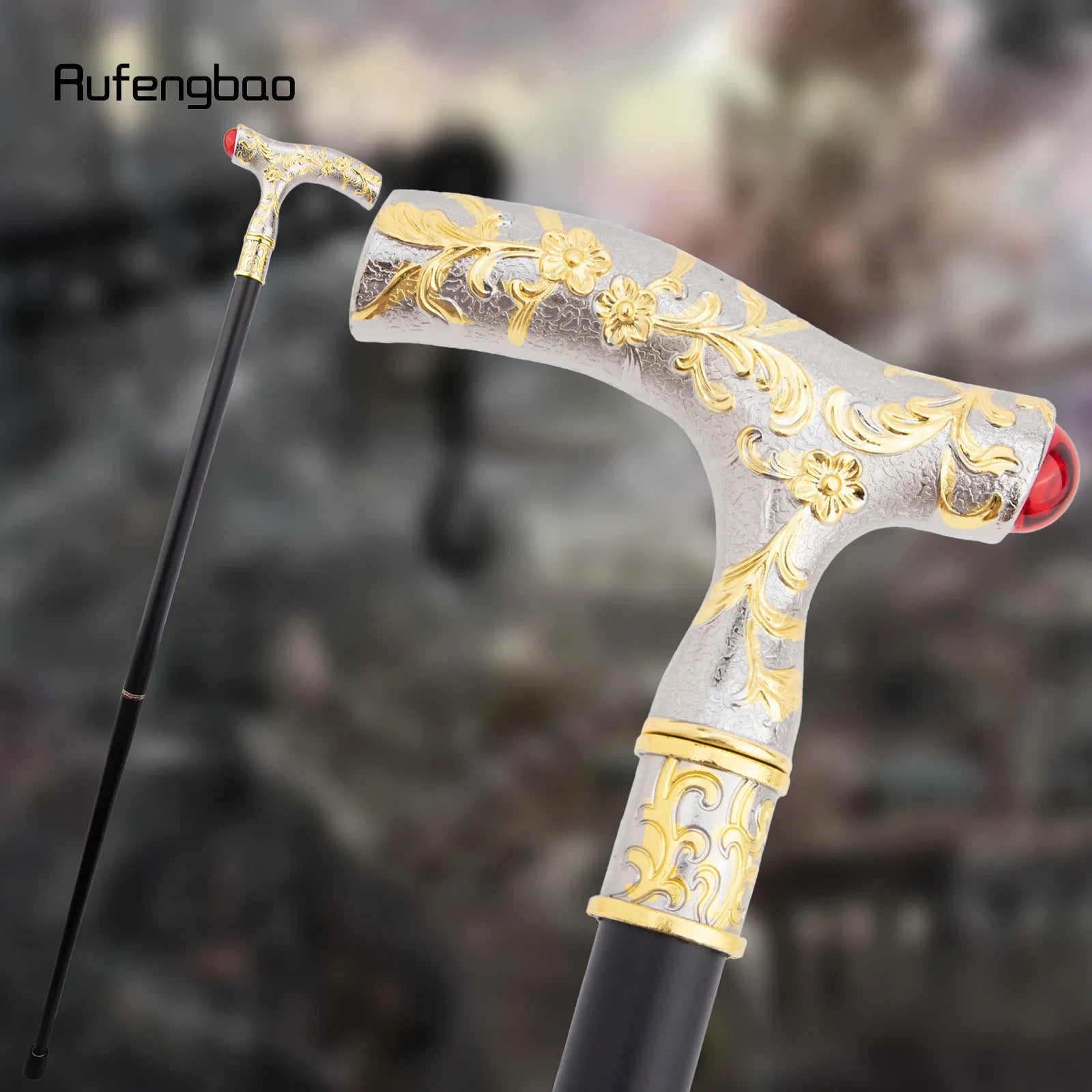Luxury Crosier Walking Stick – Red Gem Flower Ball Handle, Golden White Design, 92cm
