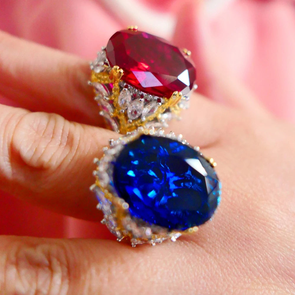 Royal Sapphire & Ruby Oval Cut Ring – 19 Carat Created Gemstone in Sterling Setting