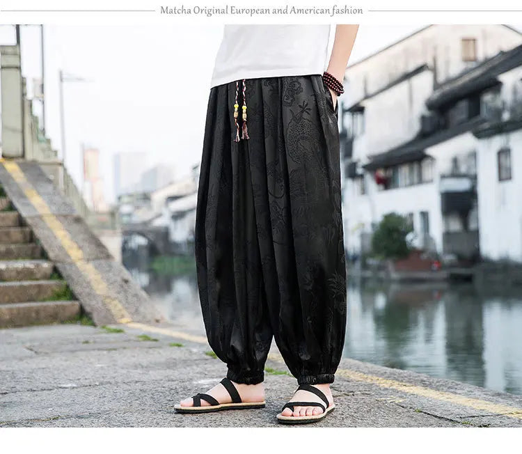 Men’s Ice Silk Wide-Leg Pants - Dragon Design with Drawstring Waist Breathable Modest Trousers