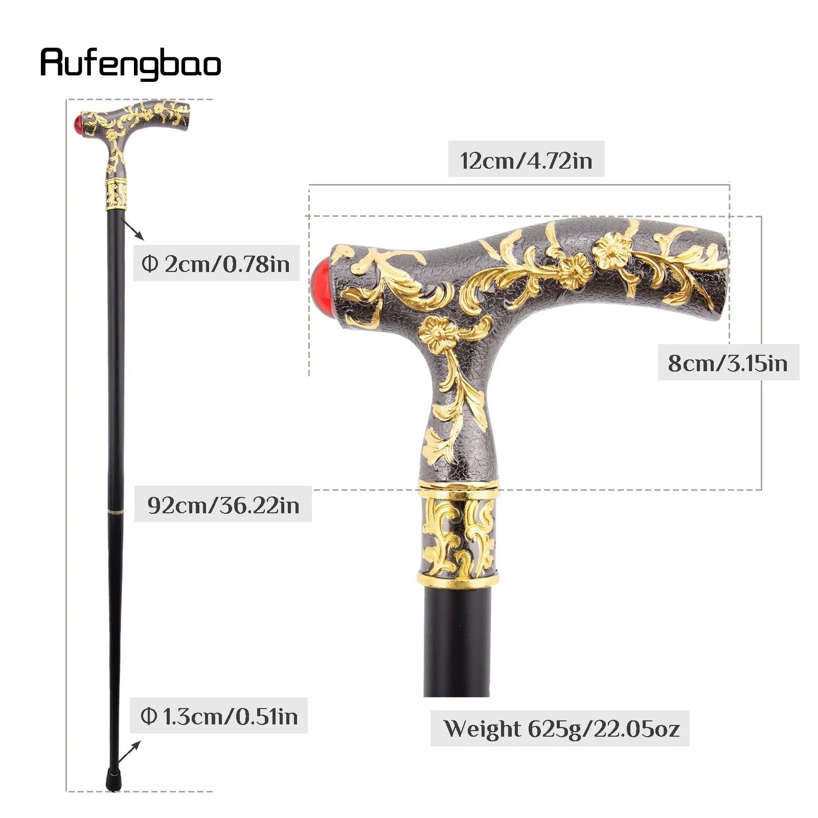 Red Diamond Flower Ball Walking Cane – Vintage Golden Black Crosier 92cm