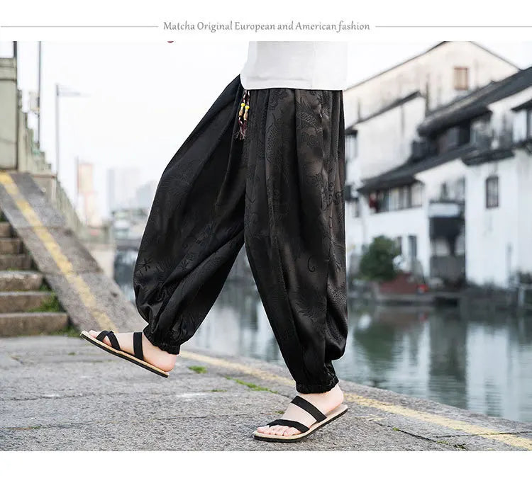 Men’s Ice Silk Wide-Leg Pants - Dragon Design with Drawstring Waist Breathable Modest Trousers