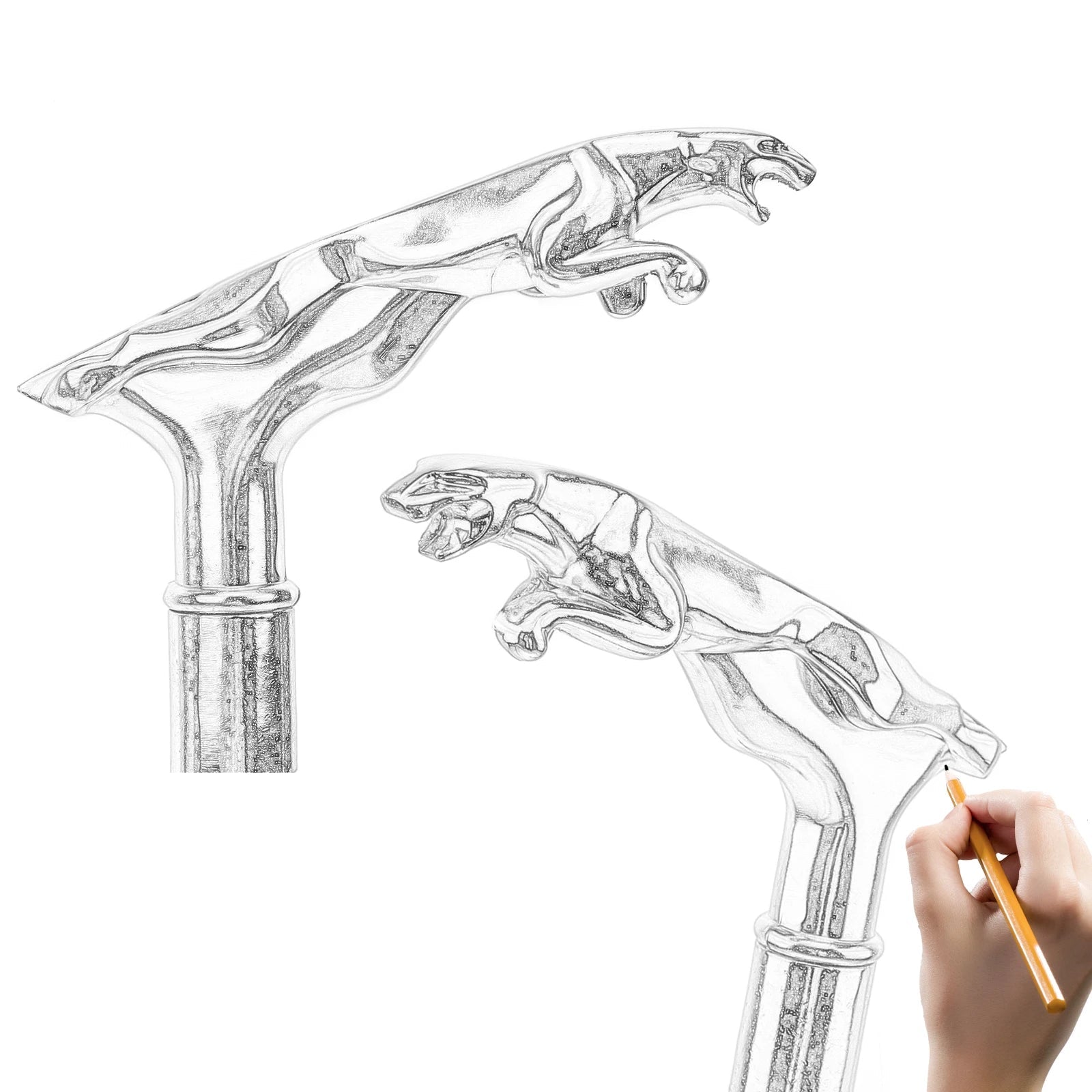 Design of a walking stick with decorative elements and a hand holding a pencil, featuring the brand.
