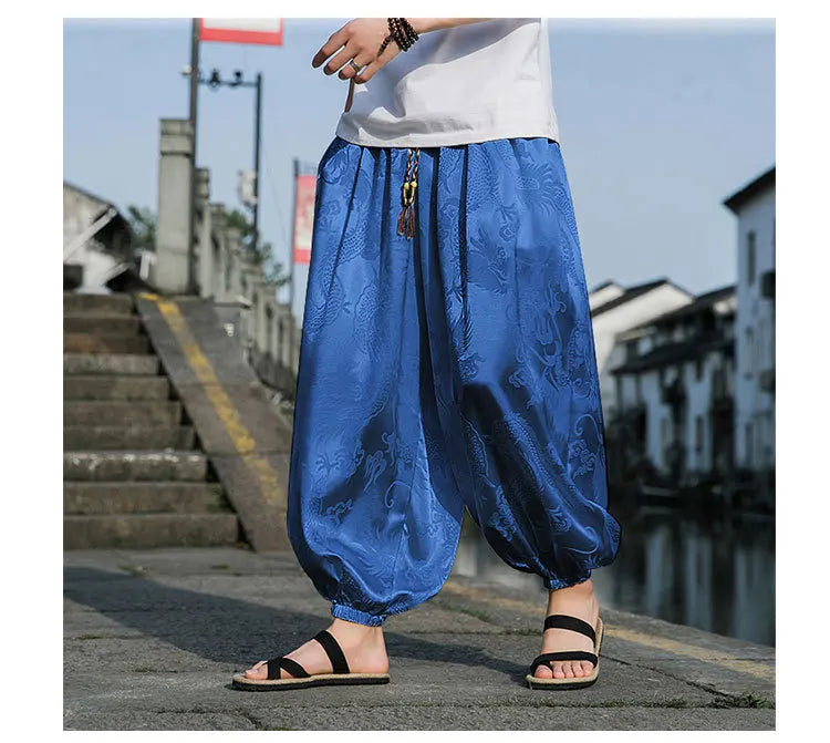 Men’s Ice Silk Wide-Leg Pants - Dragon Design with Drawstring Waist Breathable Modest Trousers