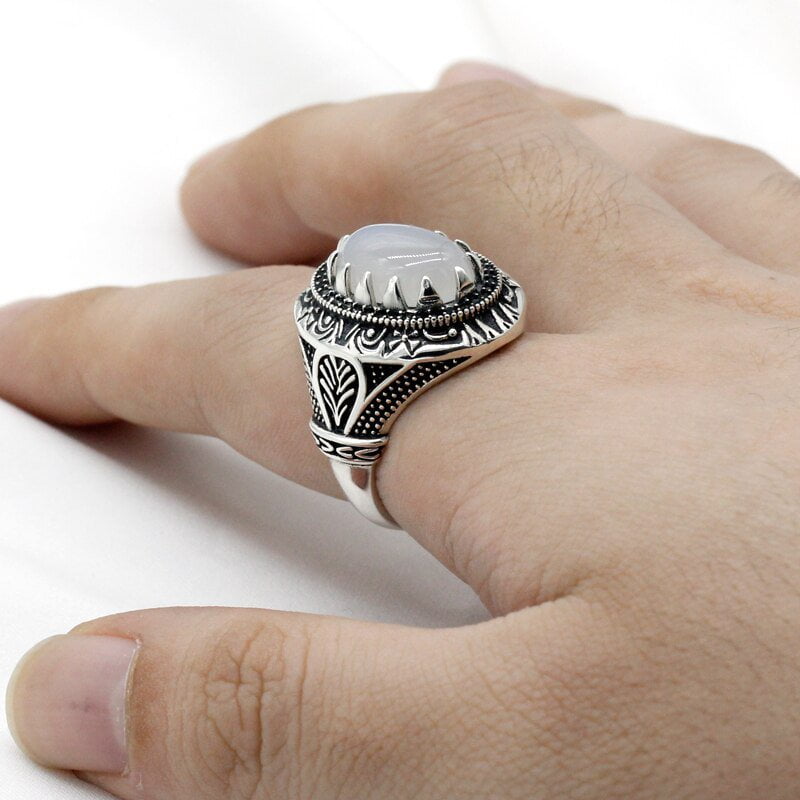 NATURAL WHITE AGATE THAI SILVER RING FOR MEN
