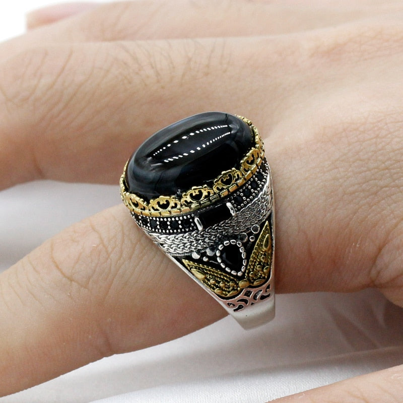 Vintage Turkish Crown Aqeeq Ring for Men