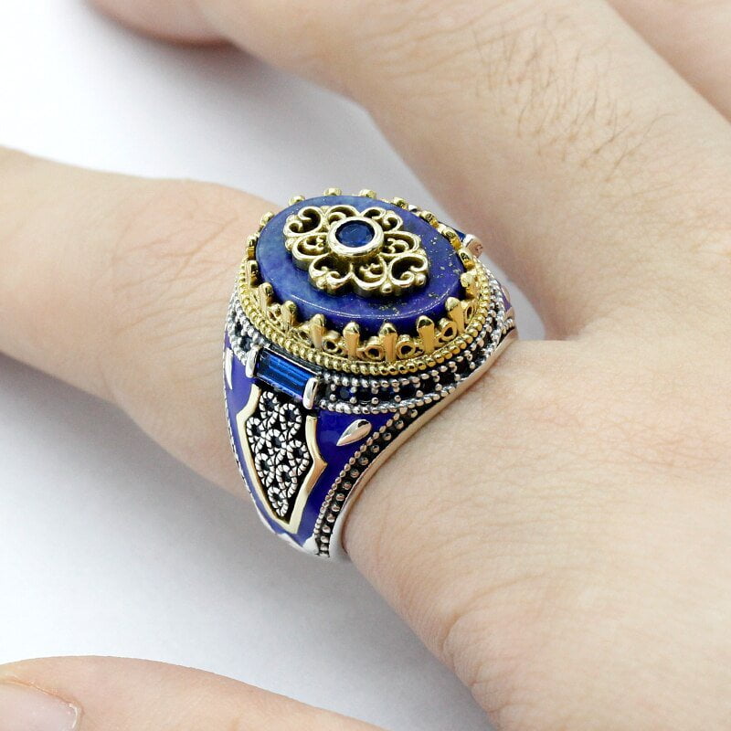 VINTAGE CROWN STERLING SILVER NATURAL LAPIS LAZULI RING FOR MEN