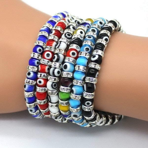 Evil Eye Bracelets, Composed of Eye Glass Beads and 6 mm Diamante ,6 Color White