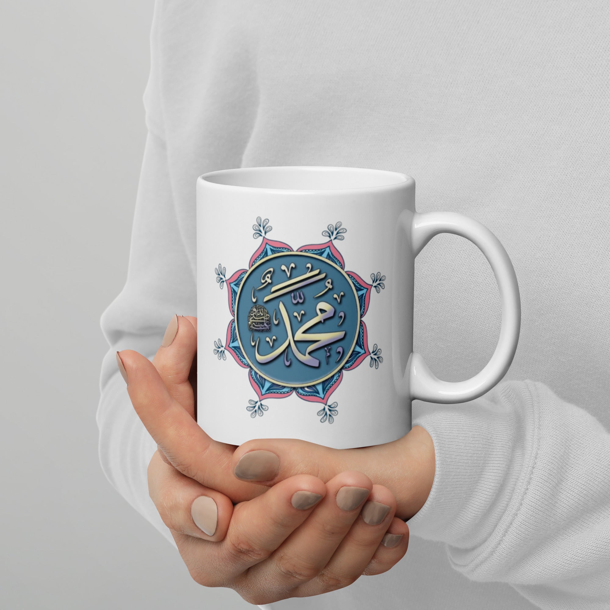 Muhammadan White Mug blue pink design