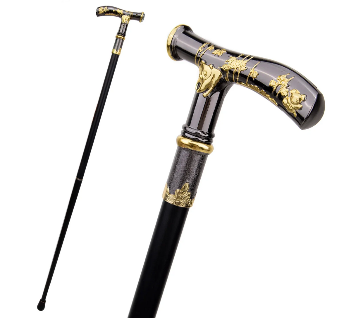 Black & Gold Panda Compass Walking Cane 93cm