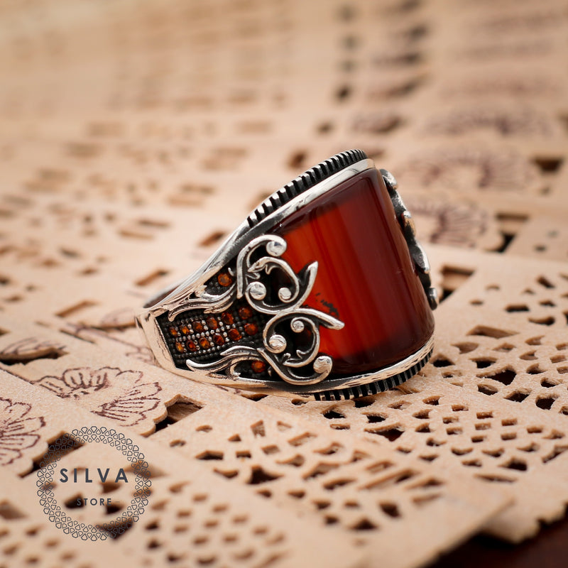 Crimson & Verdant Aqeeq Silver Men's Ring
