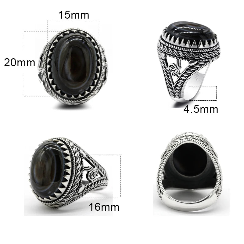 Vintage Men’s Black Agate Ring – 925 Sterling Silver with Oval Natural Stone Turkish-Style