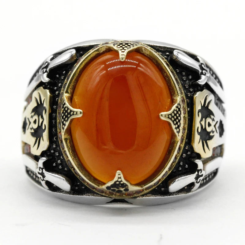 Sacred Warrior Ring – 925 Silver Aqeeq Stone with Double Swords & Skull, Inspired by Islamic Legacy