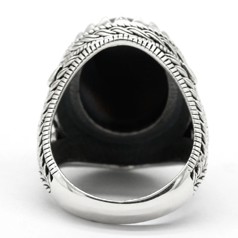 Vintage Men’s Black Agate Ring – 925 Sterling Silver with Oval Natural Stone Turkish-Style
