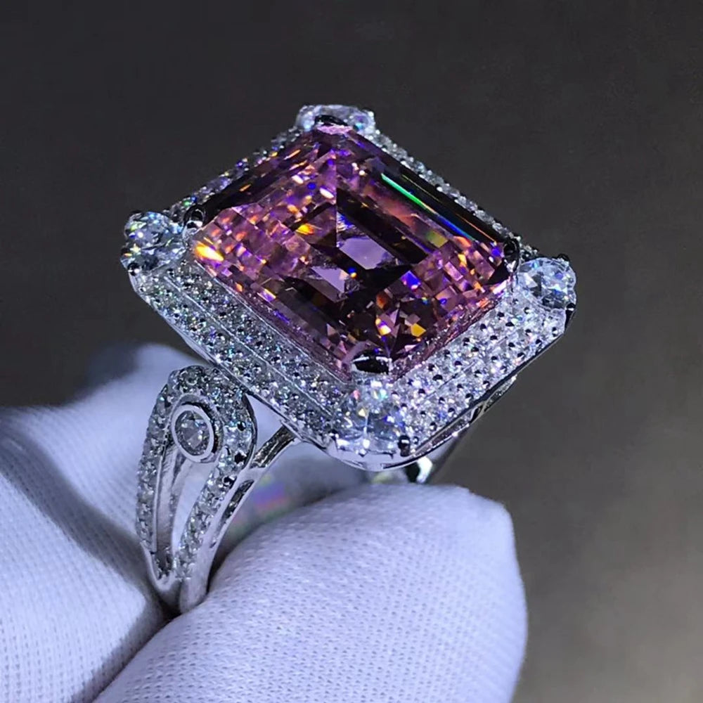 5CT Pink Moissanite Ring - 3EX Emerald Cut 925 Sterling Silver Fine Jewelry with Spiritual Blessings
