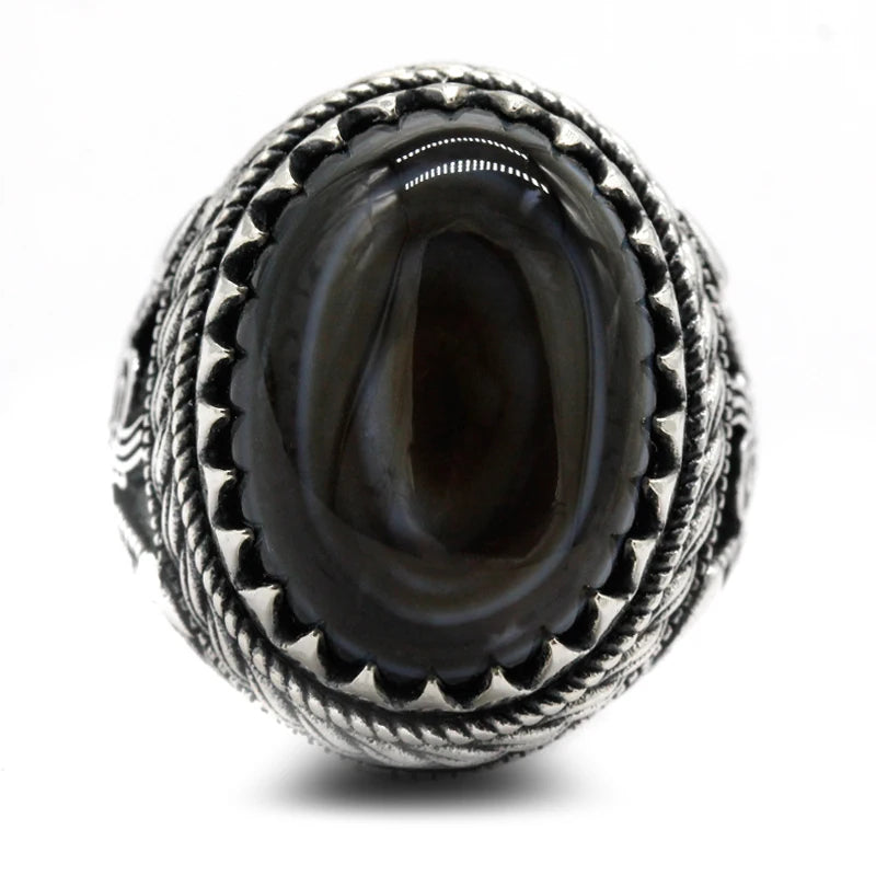 Vintage Men’s Black Agate Ring – 925 Sterling Silver with Oval Natural Stone Turkish-Style