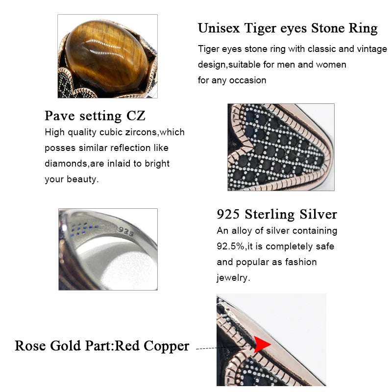 Vintage Tiger's Eye Ring - 925 Sterling Silver Natural Gemstone Ring for Men