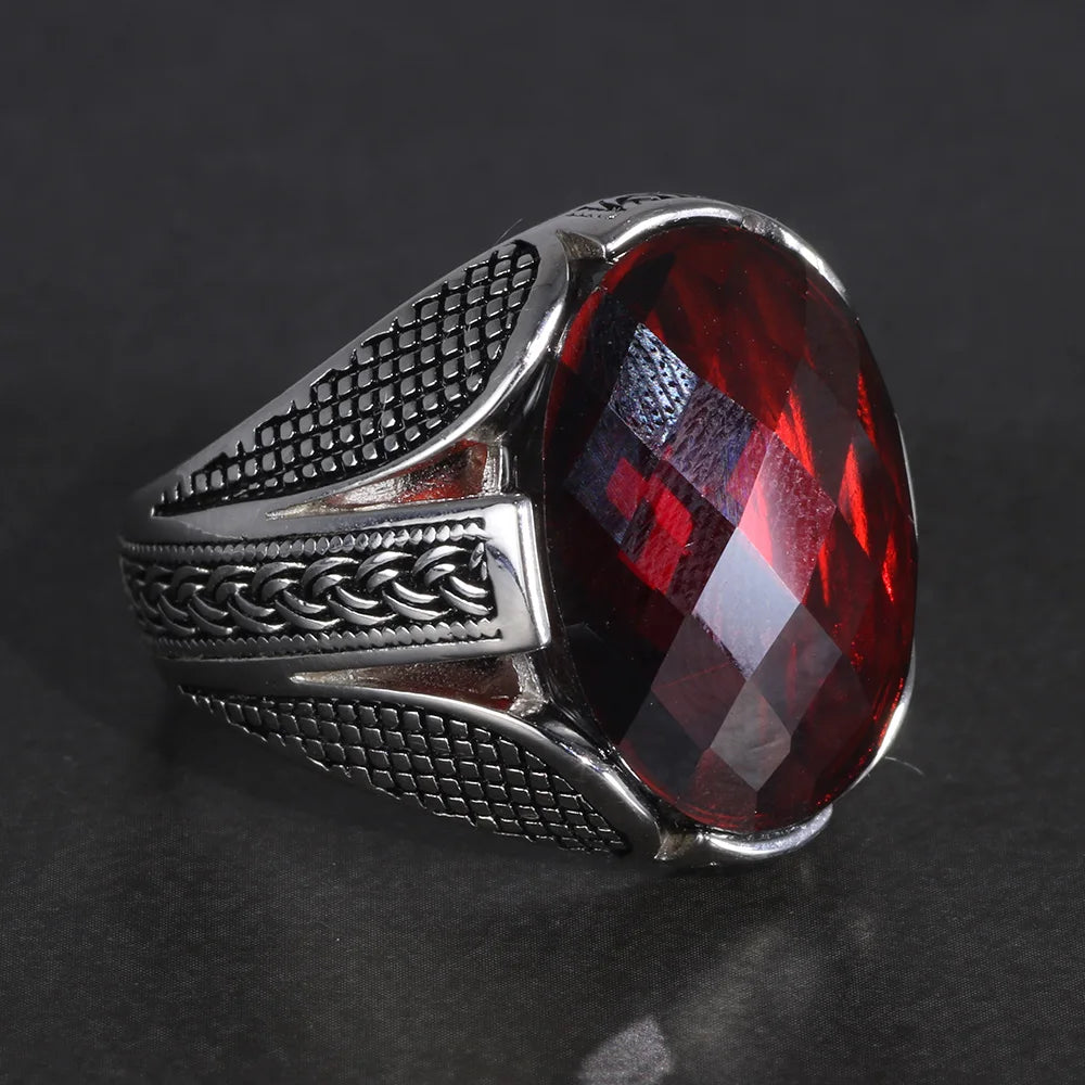 Mens 925 Sterling Silver Red Zircon Ring – Faceted Turkish Vintage Jewelry