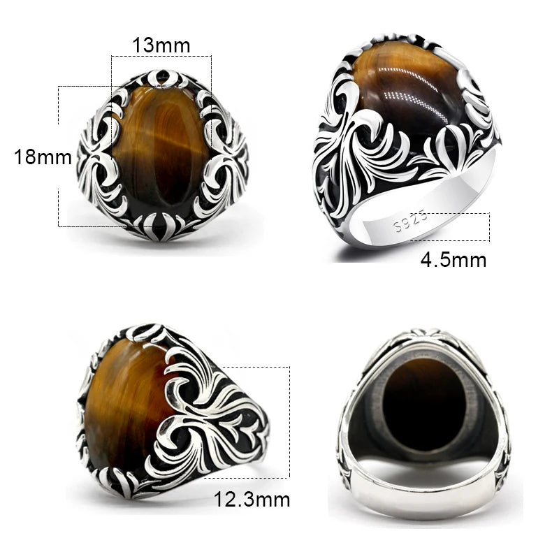 Men’s Tiger Eye Statement Ring – 925 Sterling Silver, Handcrafted Turkish Vintage Design