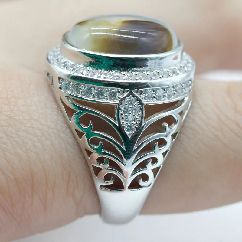 Oval Agate Sunnah Ring – 925 Sterling Silver Vintage Men’s Jewelry with Zircon Accents