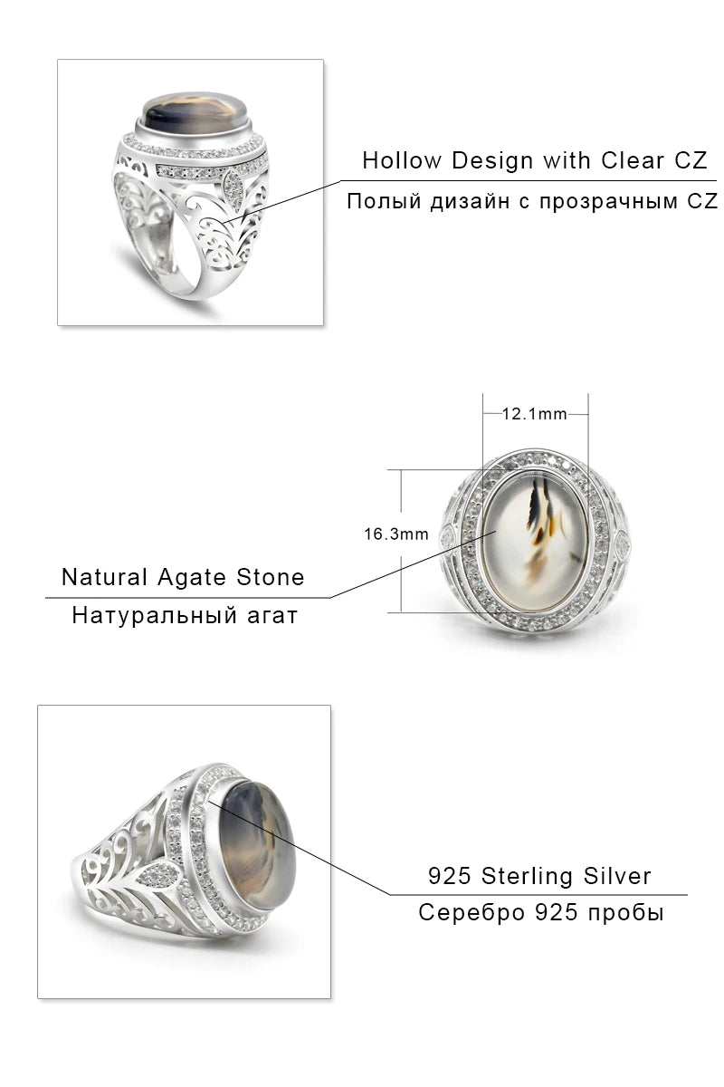 Oval Agate Sunnah Ring – 925 Sterling Silver Vintage Men’s Jewelry with Zircon Accents