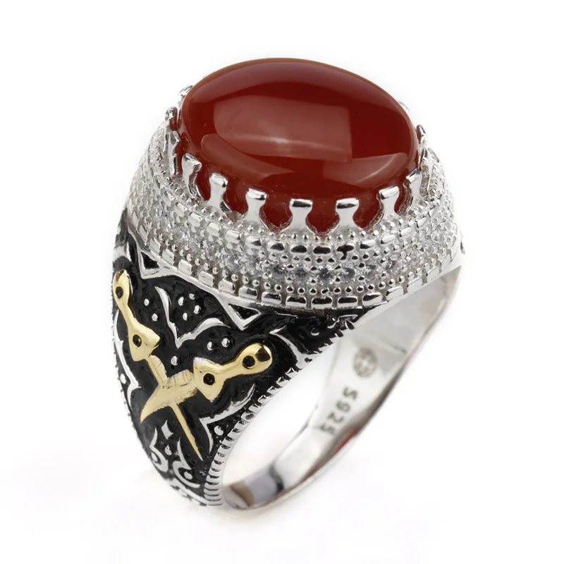 Turkish Red Agate Aqeeq Ring – 925 Sterling Silver with Double Sword Design