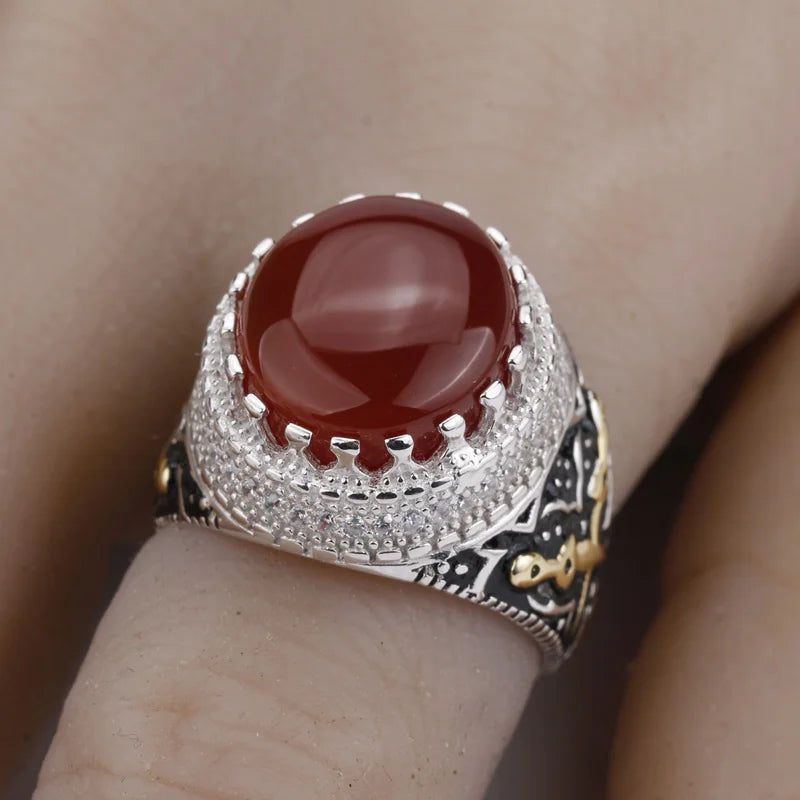 Turkish Red Agate Aqeeq Ring – 925 Sterling Silver with Double Sword Design