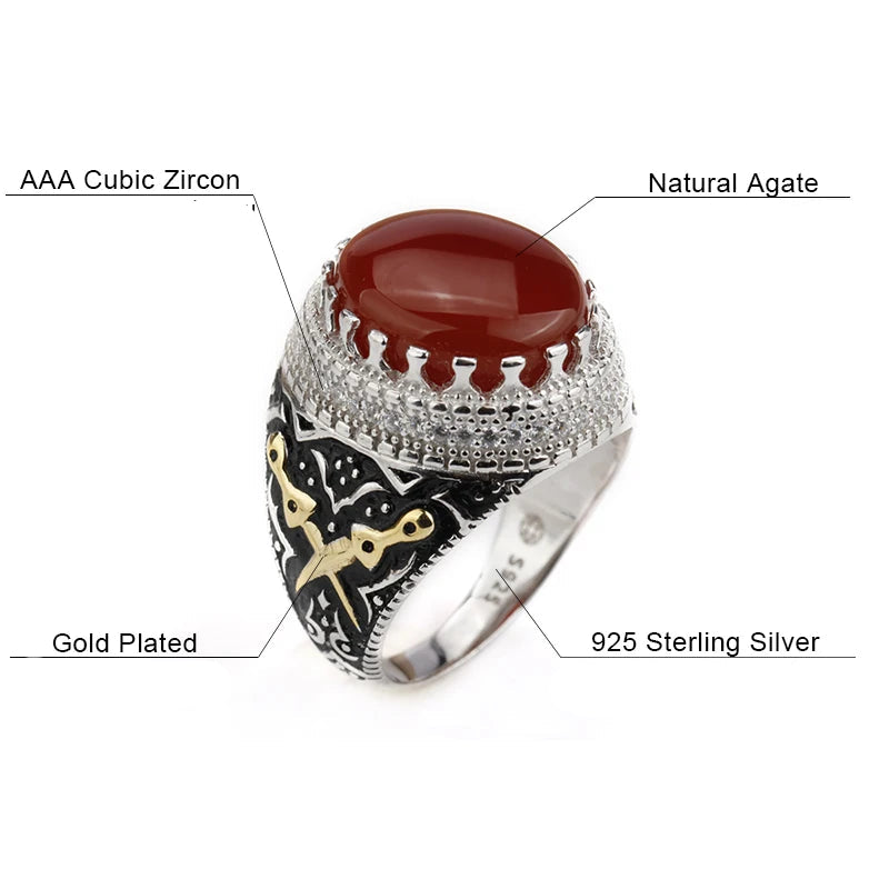Turkish Red Agate Aqeeq Ring – 925 Sterling Silver with Double Sword Design
