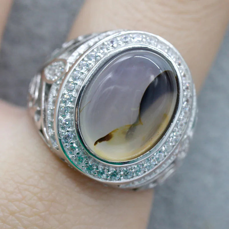 Oval Agate Sunnah Ring – 925 Sterling Silver Vintage Men’s Jewelry with Zircon Accents
