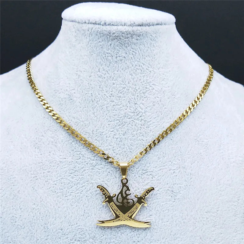 Gold Stainless Steel Imam Ali Sword Necklace – Islamic Pendant for Men & Women