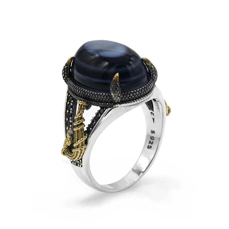 Handcrafted Turkish Evil Eye Agate Ring – 925 Sterling Silver with Black CZ & Zebra Line Design