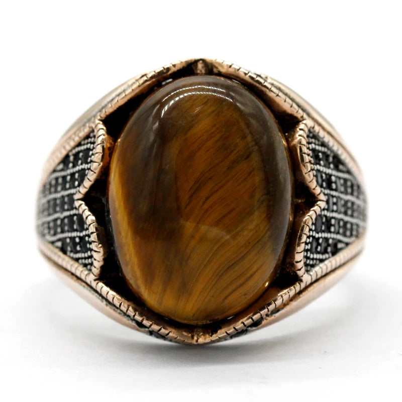Vintage Tiger's Eye Ring - 925 Sterling Silver Natural Gemstone Ring for Men