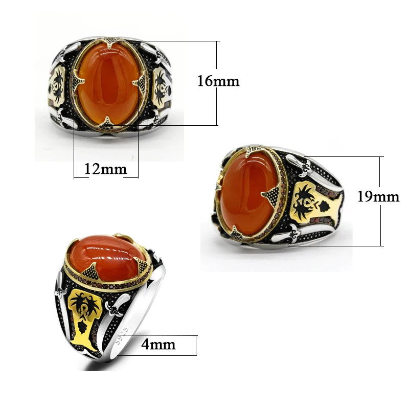 Sacred Warrior Ring – 925 Silver Aqeeq Stone with Double Swords & Skull, Inspired by Islamic Legacy