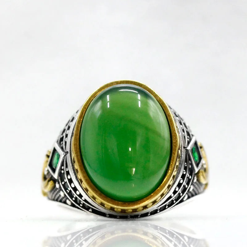 Turkish Handmade Sterling Silver Ring – S925 Natural Green Agate