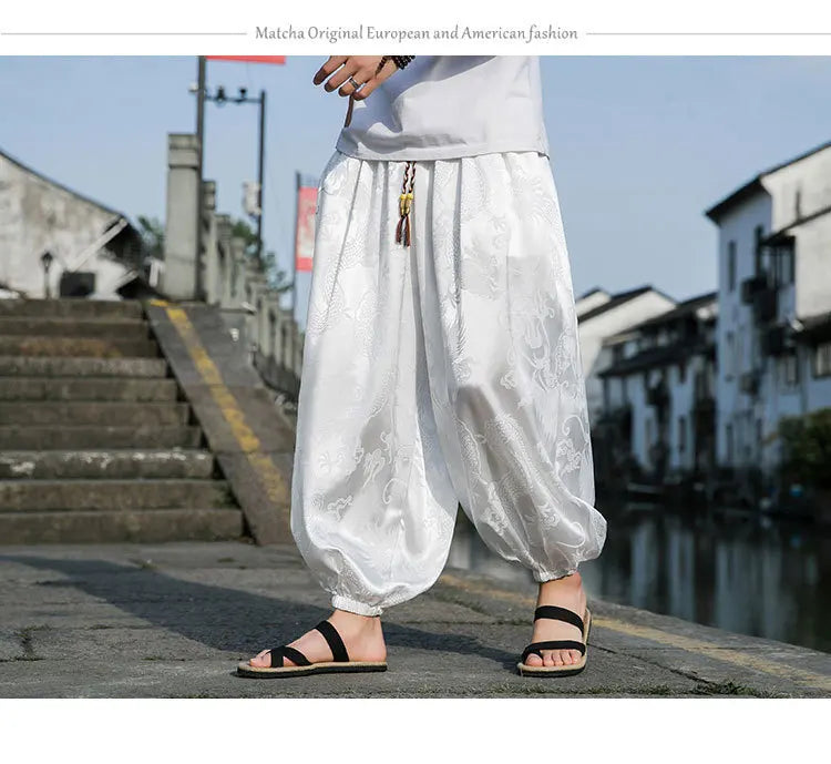 Men’s Ice Silk Wide-Leg Pants - Dragon Design with Drawstring Waist  Breathable Modest Trousers