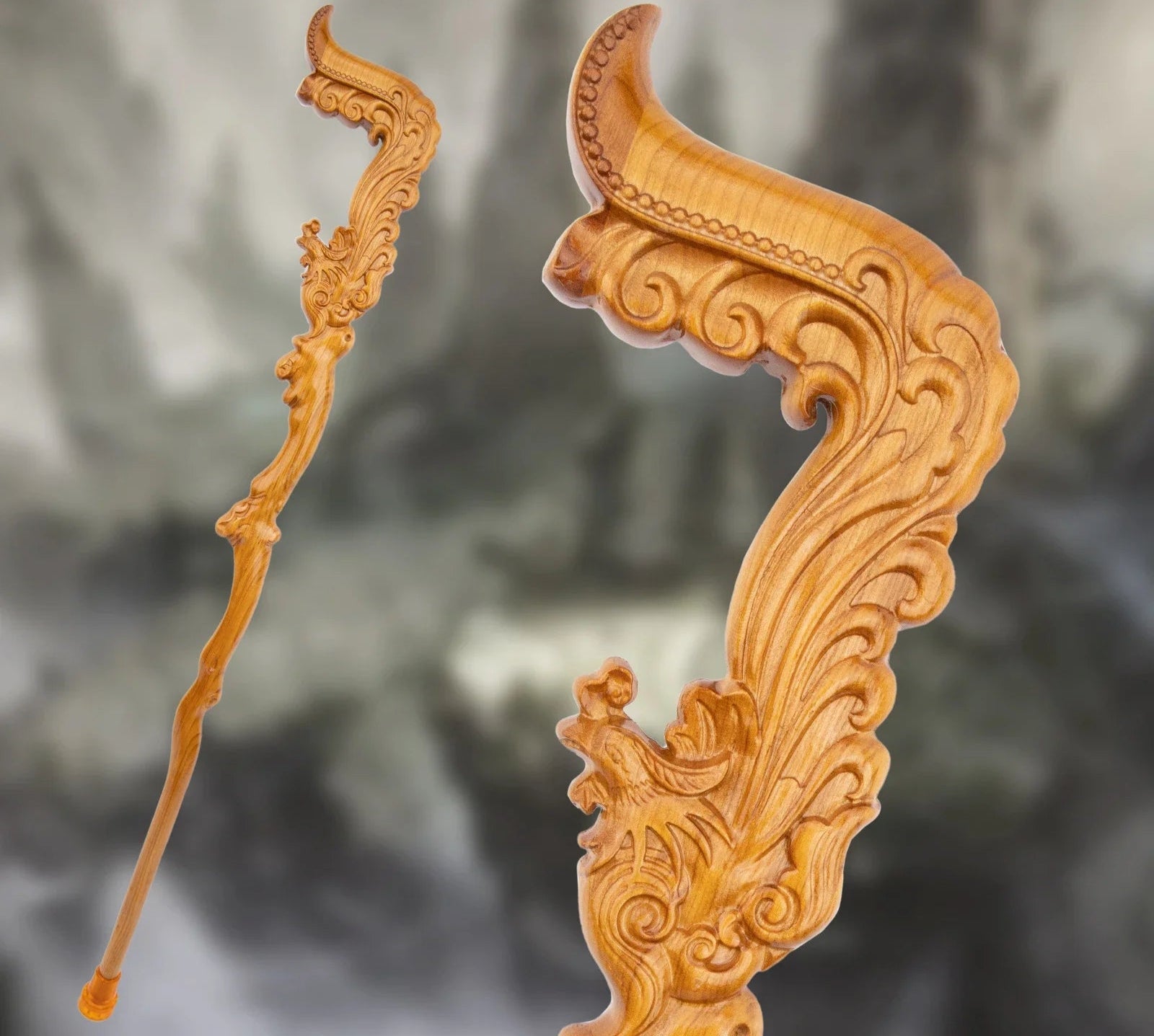 Decorative wooden item with intricate carvings on a blurred natural background