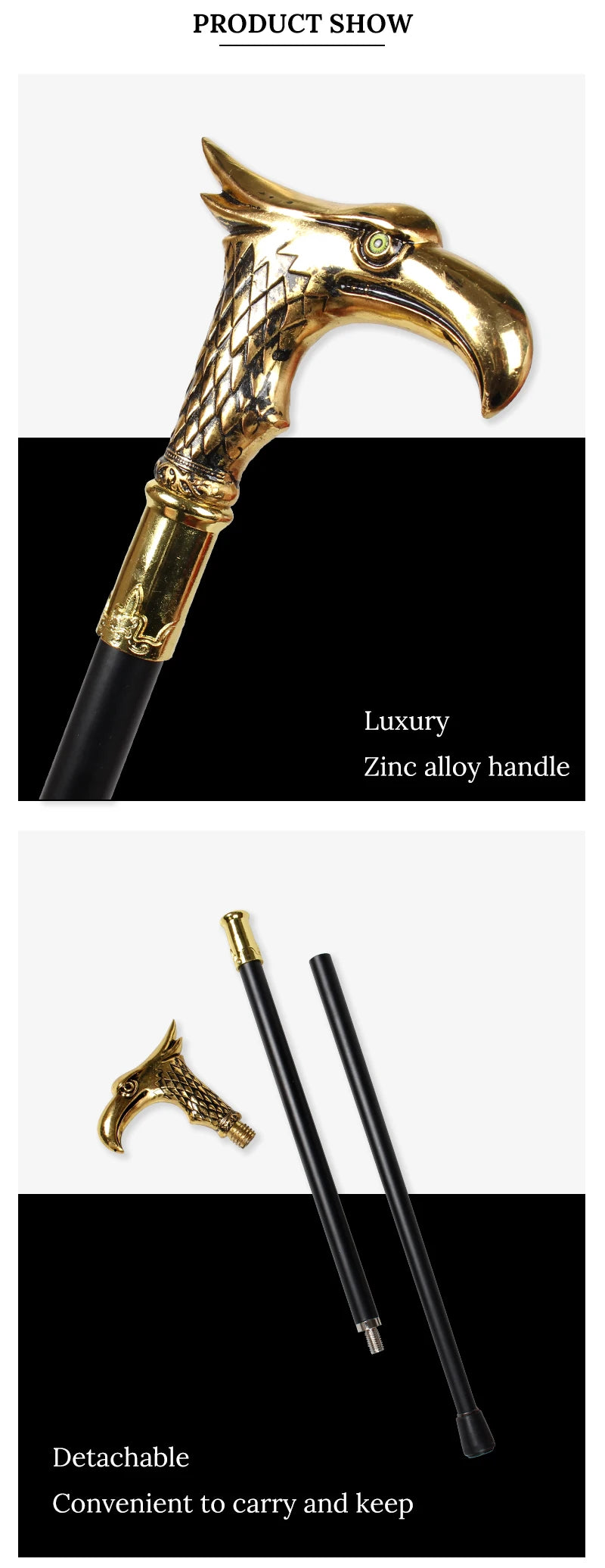 Eagle Head Sunnah Cane – 90cm Detachable Walking Stick with Zinc Alloy Handle & Iron Shaft