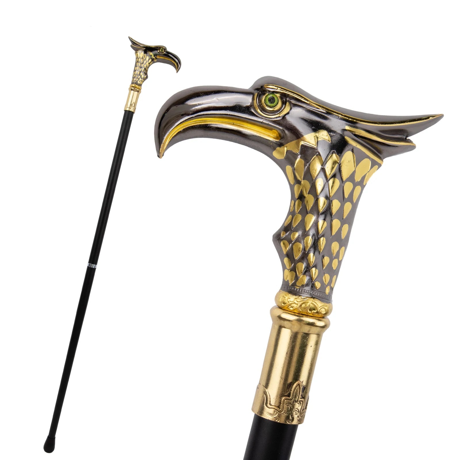 Decorative walking cane with bird-like handle on a white background