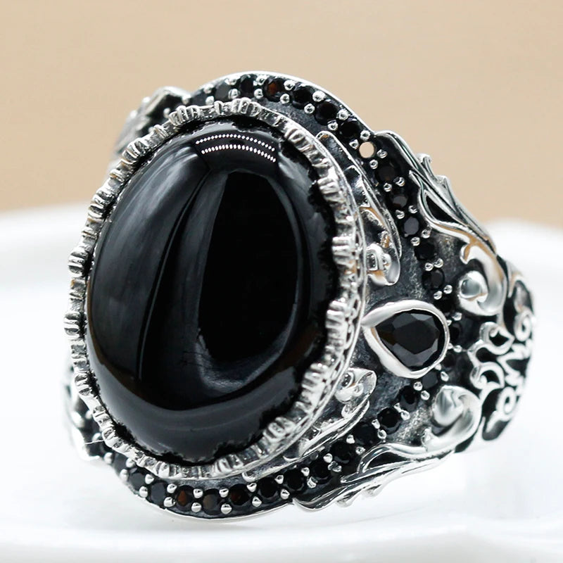925 Sterling Silver Black Onyx Ring – Turkish Vintage Jewelry for Men & Women